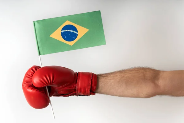 Boxing Glove Brazilian Flag Boxer Holds Flag Brazil White Background — Zdjęcie stockowe