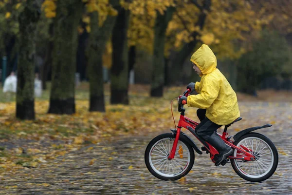 Egy Bicikliző Fiú Portréja Egy Őszi Parkban Esőben Sárga Esőkabátos — Stock Fotó