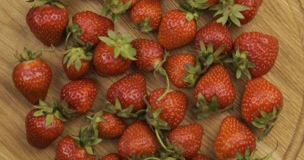 Top-down view of wooden plate with fresh strawberries. Ripe summer berries. Rotating video. Loop motion. — Vídeo de Stock