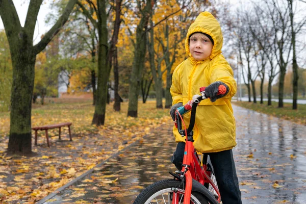 Sárga Esőkabátos Fiú Portréja Biciklin Őszi Park Hátterében Gyermekbiciklizés Esőben — Stock Fotó