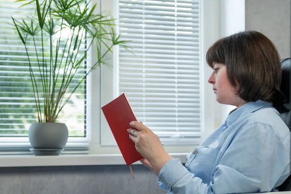 Young Woman While Reading Book Sitting Next Window Portrait Woman — Stock Photo, Image