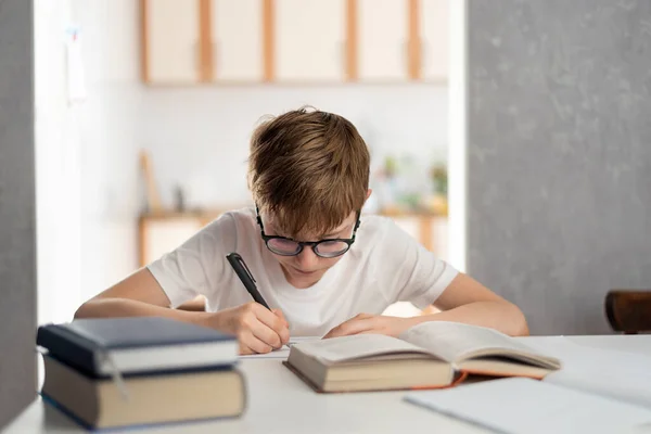 Junge Mit Brille Macht Seine Hausaufgaben Fernstudium Kinder Fernab Von — Stockfoto