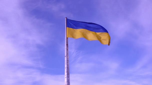 Ondeando en el viento Bandera de Ucrania contra el cielo azul — Vídeos de Stock