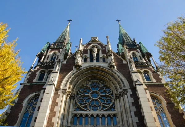 Vista inferior sobre a Igreja Católica de Santa Isabel, Igreja de São Olhão e Isabel — Fotografia de Stock