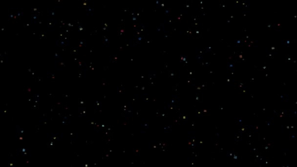 五彩缤纷的五彩纸屑落在黑暗的空间里 倒挂着电脑的动作画面 背景是节日的背景 — 图库视频影像