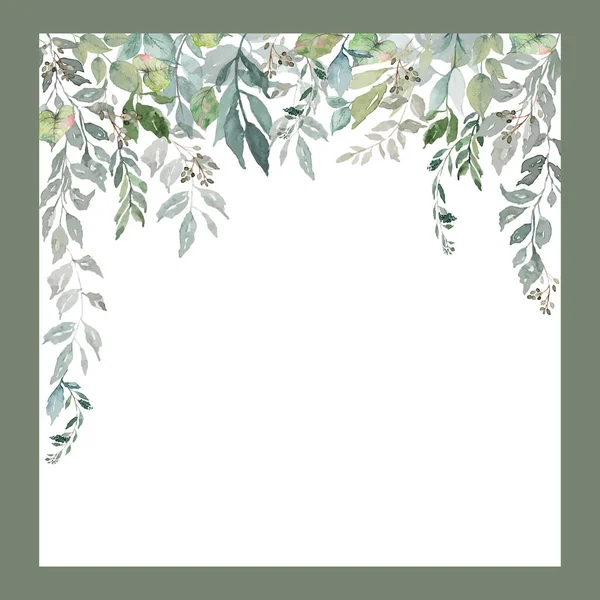 Green leaves curtain background the square border, drawing watercolor illustration vector artwork