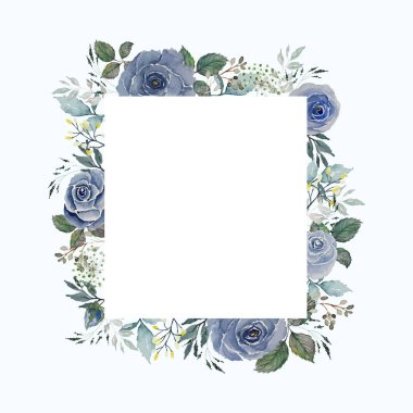 Suluboya mavi güller çiçek ve yeşil yapraklar kare kenarlık çerçevesi