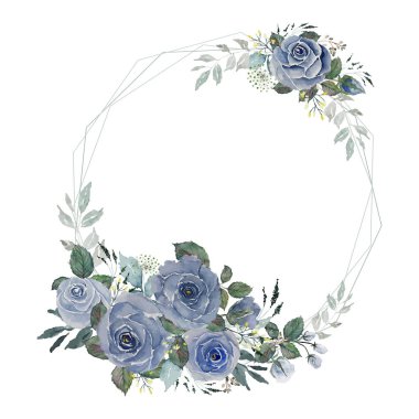 Klasik mavi gül ve yeşil yaprak buketi açık kablo poligon çerçeve