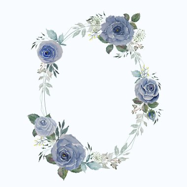Klasik mavi gül ve yeşil yapraklar oval çerçeve etrafında açık kablo ile
