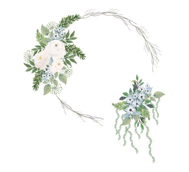 Beyaz suluboya çiçek ve daire şeklinde dallı yeşil yapraklar.