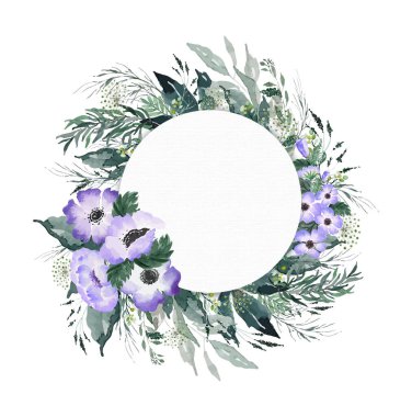 Mor çiçeklerin suluboya ve yeşil yapraklar çelenk, illüstrasyon doğa tebrik kartı çerçeve kavramı