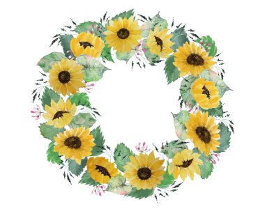 Yeşil yapraklı ayçiçeği süsleme çelengi - suluboya el çizimi arka plan