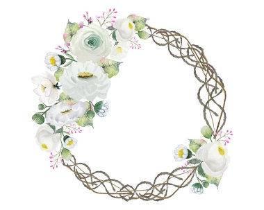 Beyaz arkaplanda izole edilmiş yuvarlak kök dal çerçeveli beyaz çiçek çelengi, suluboya el çizimi doğa çizimi 