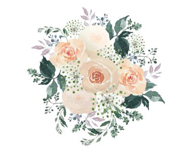 Yeşil yapraklı turuncu güller. Çiçek buketi, suluboya el süsleme.