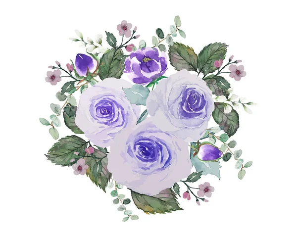 Violette Rosen Blume Mit Grünen Blättern Strauß Aquarell Hand Zeichnen — Stockfoto