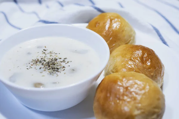 Mushroom Soup Soft Bread Breakfast Set — Stock Photo, Image