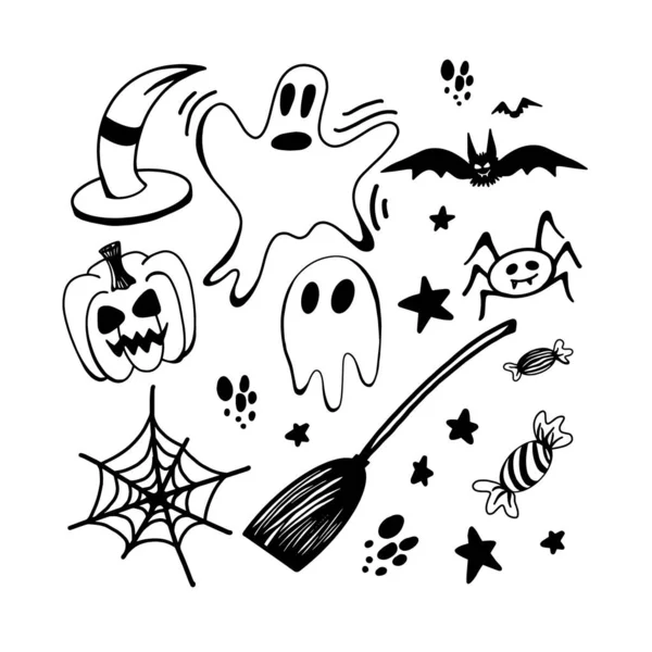 Ensemble Halloween Clipart Doodle Illustration Drôle Mignonne Pour Design Saisonnier — Image vectorielle