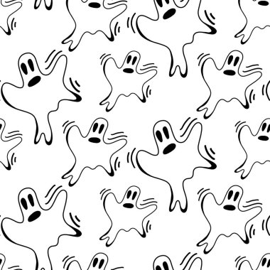 Beyaz arka planda izole edilmiş vektör cadılar bayramı kusursuz deseni. Sezonluk tasarım, tekstil, dekorasyon, çocuk oyun odası ya da tebrik kartı için komik, sevimli bir illüstrasyon. El çizimleri ve karalama.