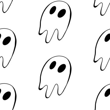 Beyaz arka planda izole edilmiş vektör cadılar bayramı kusursuz deseni. Sezonluk tasarım, tekstil, dekorasyon, çocuk oyun odası ya da tebrik kartı için komik, sevimli bir illüstrasyon. El çizimleri ve karalama.