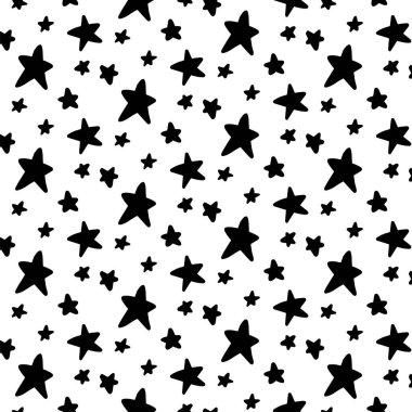 Vektör el çizimi yıldızlar beyaz arkaplanda karalama tarzında kusursuz desen. Kartlar, posterler, çıkartmalar ve profesyonel tasarım için beyaz arkaplanda izole edilmiş bir yıldız. Gece gökyüzü yıldızları.