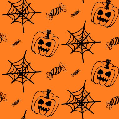 Cadılar bayramında vektör desensiz balkabakları, örümcek ağı, şeker ve şeker portakalda klitoris. Sezonluk tasarım, tekstil, dekorasyon, çocuk oyun odası ya da tebrik kartı için komik, sevimli bir illüstrasyon..