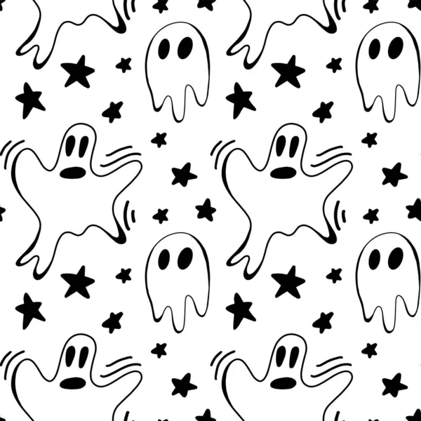 Vetor Fantasma Halloween Estrelas Sem Costura Padrão Isolado Fundo Branco — Vetor de Stock