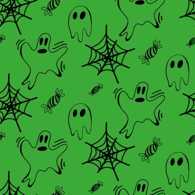 Cadılar Bayramı hayaleti, örümcek ağı, beyaz arka planda izole edilmiş şekersiz desenler. Mevsimlik tasarım, tekstil, süsleme, çocuk oyun odası ya da tebrik kartı için hoş bir illüstrasyon. El çizimi karalama.