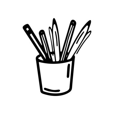 Beyaz arkaplanda izole edilmiş vektör kalem kutusu. Sezonluk tasarım, tekstil, dekorasyon, çocuk oyun odası ya da tebrik kartı için komik ve şirin bir illüstrasyon. El çizimleri ve karalamalar. Yetişkin renklendirme sayfası.