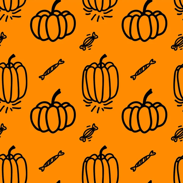 ベクトルハロウィンシームレスパターンカボチャ お菓子やキャンディーは オレンジに飛び込みます 季節のデザイン 装飾の子供の遊び場やグリーティングカードのための面白い かわいいイラスト 手描き — ストックベクタ