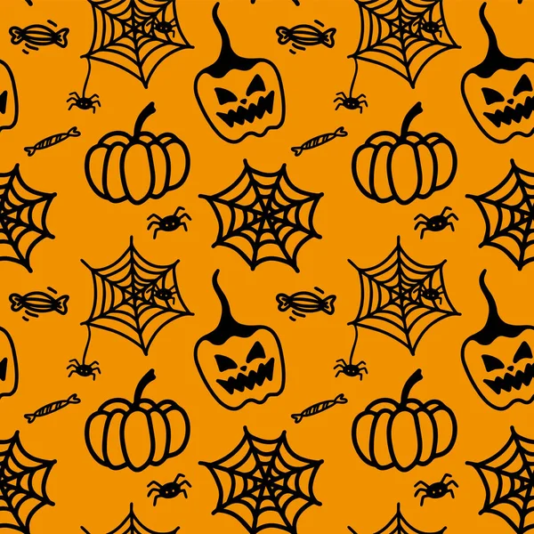 Vektorový Halloween Bezešvý Vzor Dýní Sladkostmi Pavučinou Pavoukem Roztomilá Ilustrace — Stockový vektor