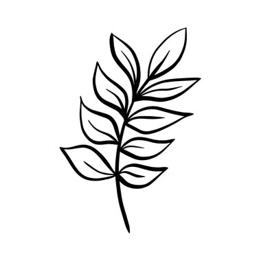 Yapraklı vektör tropikal dal, beyaz arka planda mürekkep elementi izole edilmiş. Sezonluk tasarım, tekstil, süsleme, çocuk oyun odası ya da tebrik kartı için komik bir illüstrasyon. El çizimleri ve karalama.