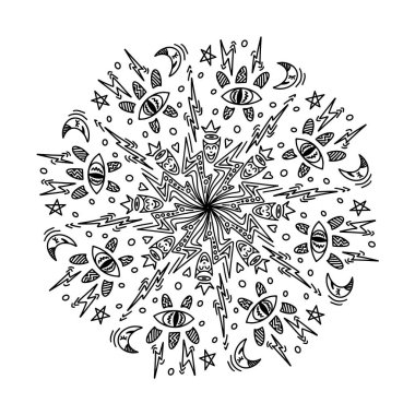 Hilal, şimşek, yıldızlar, her şeyi gören göz, taç ve daireler, beyaz arka planda izole edilmiş Doodle vektör mandala. Mevsimlik tasarım, tekstil, dekorasyon çocuk oyun odası veya tebrik kartı sanatı.