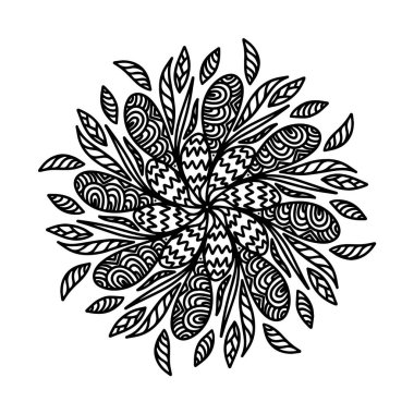 Çiçekli ve yapraklı çiçek vektörü mandala beyaz arka planda izole edilmiş. Sezonluk tasarım, tekstil, dekorasyon, çocuk oyun odası ya da tebrik kartı için komik renkler ve şirin illüstrasyonlar
