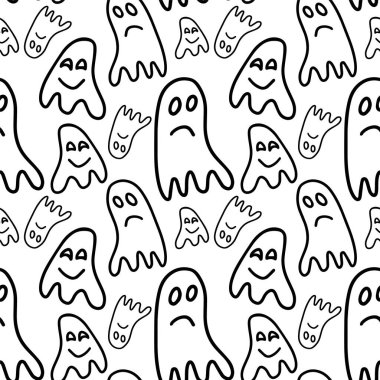 Beyaz arka planda izole edilmiş, kusursuz hayalet şablonu. Sezonluk tasarım, tekstil, dekorasyon, çocuk oyun odası ya da tebrik kartı için komik, sevimli bir illüstrasyon. El çizimleri ve karalama.