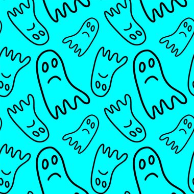 Mavi arka planda izole edilmiş, kusursuz hayalet şablonu. Sezonluk tasarım, tekstil, dekorasyon, çocuk oyun odası ya da tebrik kartı için komik, sevimli bir illüstrasyon. El çizimleri ve karalama.