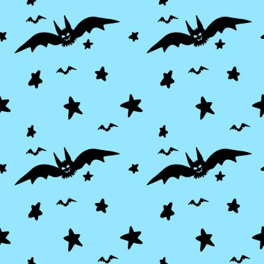 Cadılar bayramı yarasası ve gökyüzündeki yıldızların izole edilmiş arkaplanı. Mevsimlik tasarım, tekstil, süsleme, çocuk oyun odası ya da tebrik kartı için hoş bir illüstrasyon. El çizimleri ve karalama