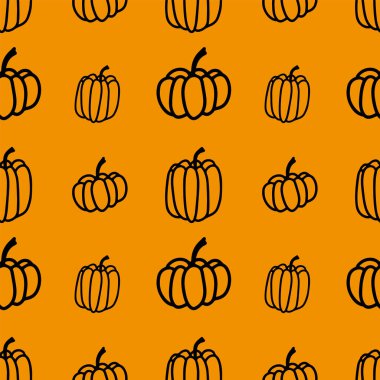 Cadılar Bayramı 'nda turuncuya balkabağı konar. Sezonluk tasarım, tekstil, dekorasyon, çocuk oyun odası ya da tebrik kartı için komik, sevimli bir illüstrasyon. El çizimleri ve karalama.