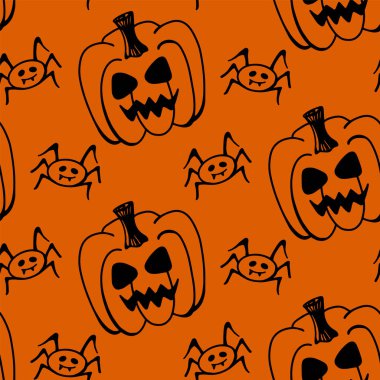 Cadılar Bayramı vektör kabağı, turuncu arka planda izole edilmiş örümcek deseni. Mevsimlik tasarım, tekstil, süsleme, çocuk oyun odası ya da tebrik kartı için hoş bir illüstrasyon. El çizimleri ve karalama