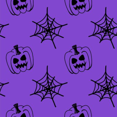 Cadılar Bayramında vektör desensiz balkabakları, örümcek ağı izole. Sezonluk tasarım, tekstil, dekorasyon, çocuk oyun odası ya da tebrik kartı için komik ve şirin bir illüstrasyon. El çizimleri ve karalama.