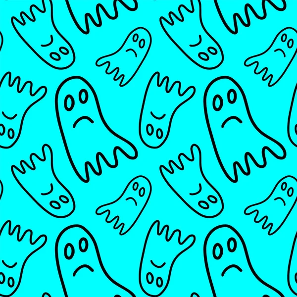 Vector Halloween Seamless Pattern Ghost Isolated Blue Background Funny Cute — Stock Vector