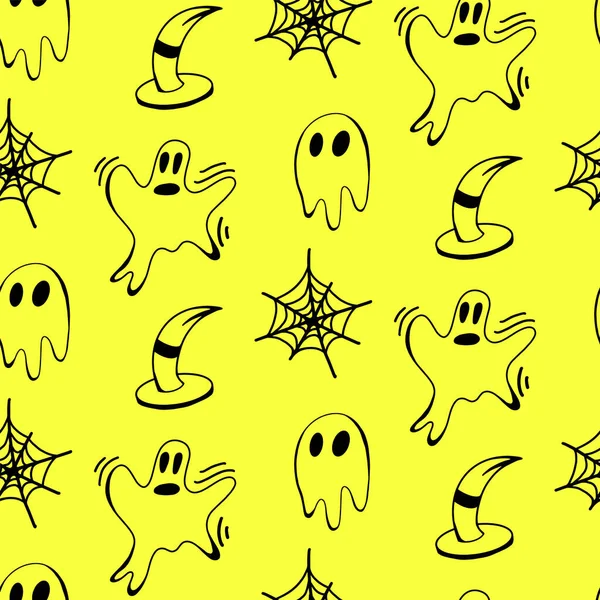 Vector Halloween Geist Spinnweben Hexenhut Nahtlose Muster Tapete Nette Illustration — Stockvektor