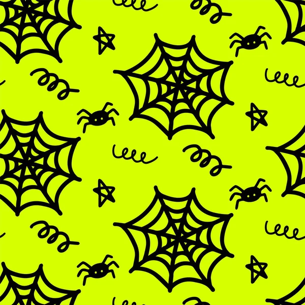 Vetor Halloween Sem Costura Padrão Teia Aranha Aranha Cachos Estrelas — Vetor de Stock