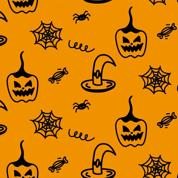 Vector Halloween Sem Costura Padrão Abóbora Chapéu Bruxa Aranha Doces — Vetor de Stock