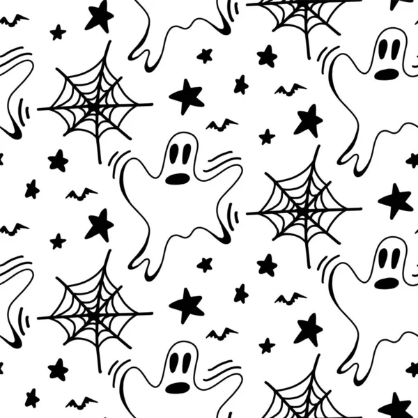 Vector Fantasma Halloween Estrela Teia Aranha Padrão Sem Costura Morcego — Vetor de Stock