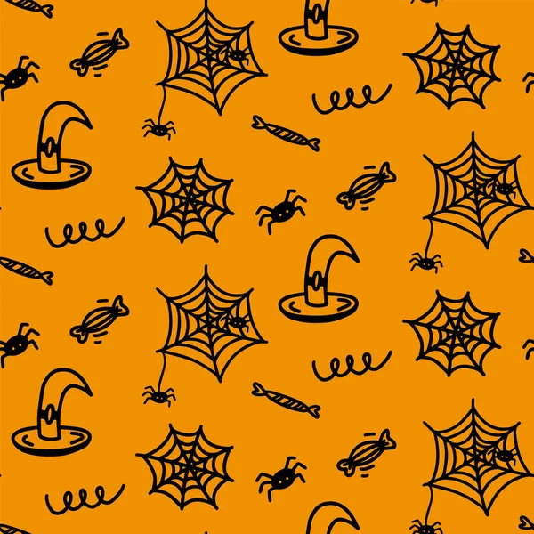 Vector Halloween Sem Costura Padrão Chapéu Bruxa Aranha Teia Aranha — Vetor de Stock