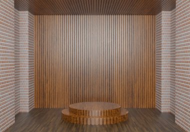 3D görüntüleme minimalist podyum ahşap duvar ve taş duvar ile oda
