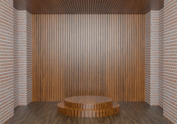 3d rendering minimalist display podium in room with wood wall and stone wall