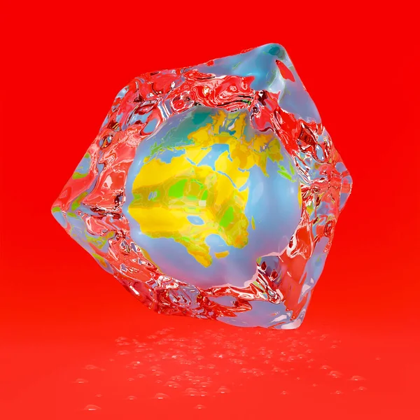 Illustration of earth in melting cube ice. Global warming campaign. 3d rendering