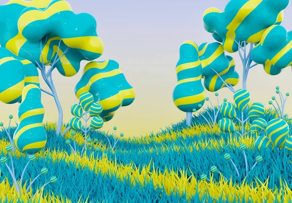 3d rendering cartoon landscape background with funny tree, flower and grass