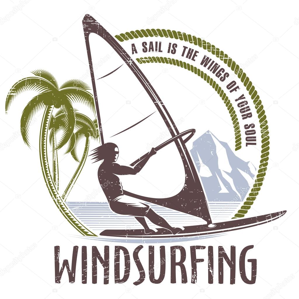 Colored Vector illustration emblems man on board sailing in the grunge style on a white background